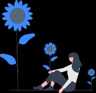 Woman sitting down looking at POWR apps surrounded by blue flowers